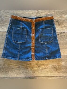 Vintage American Rag Denim and Suede Button Front Mini Skirt Size 7 Y2K